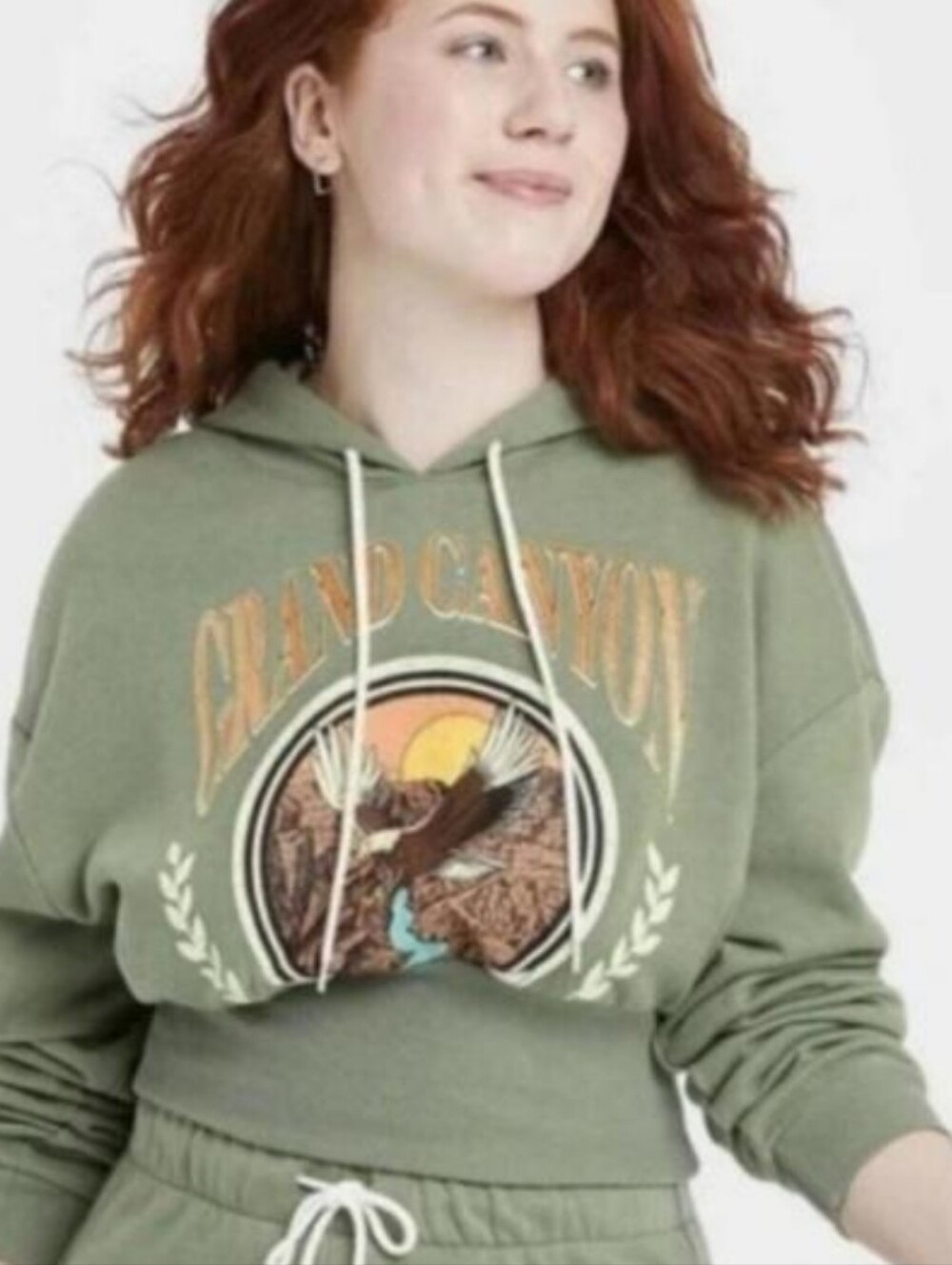 Zoe + Liv Green Grand Canyon Graphic Cropped Hooded Sweatshirt Size Large